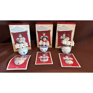 Lot of 3 Hallmark Christmas Ornaments Bell Snowmen Family 2005 Mom Dad Son